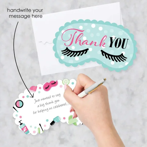 Vista 2 de Big Dot of Happiness Tarjetas de agradecimiento con forma de día de spa, tarjetas de agradecimiento para niñas, con sobres, juego de 12