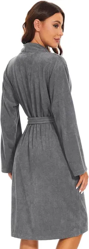 Vista 3 de Knuffnee Bata de baño para mujer, bata de toalla de tela de rizo hasta la rodilla con bolsillos