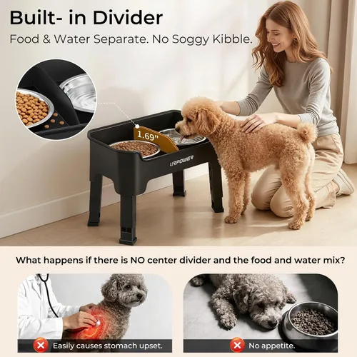 Vista 4 de URPOWER Cuencos elevados para perros a prueba de desorden, diseño de protección contra salpicaduras de pared alta, soporte elevado de 4 alturas