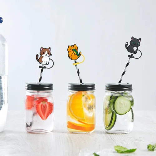 Vista 7 de Paquete de 12 fundas de popote reutilizables, con diseño de gato, a prueba de polvo, para popote de 6 a 0.315 in, protector para accesorios