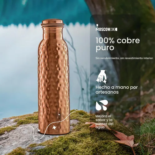 Vista 2 de Botella de agua 100% de cobre, extra grande de 34 onzas, botella de agua de cobre puro con acabado martillado para beber, recipiente ayurvédico