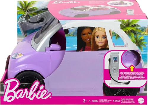 Vista 6 de Accesorios para Muñeca Barbie, Vehículo Eléctrico de Juguete con Estación de Carga, Enchufe y Techo Solar, Vehículo Convertible Morado de 2 Asientos