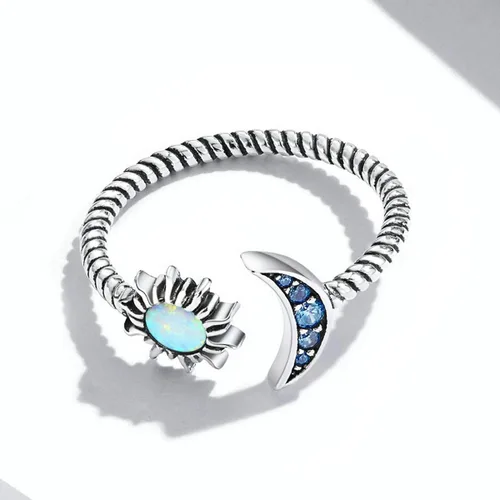 Vista 5 de MUNDELL Anillo abierto de plata de ley 925 con estrella y luna de ópalo para mujer, estilo vintage, trenzado, ajustable, apilable, deslumbrante
