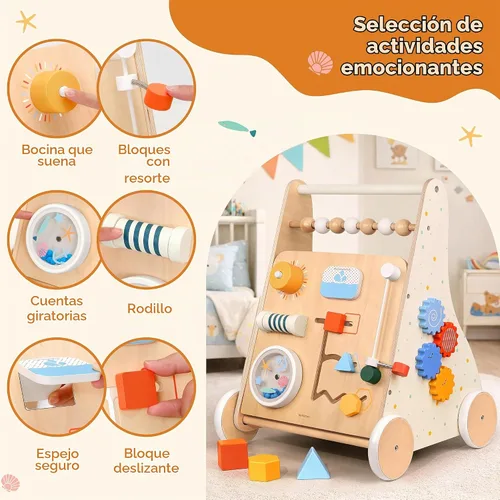 Vista 3 de Andador de madera para bebés, centro de actividades Montessori 8 Andador de bebé con ruedas de velocidad ajustable y almacenamiento trasero, juguete