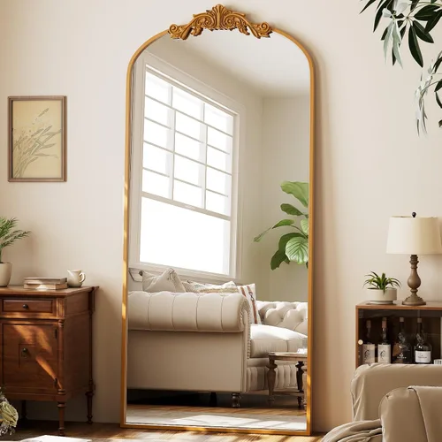Vista 10 de GLSLAND Espejo Vintage - 72" x 44" Espejo de Cuerpo Completo Grande Tallado Arqueado con Marco de Metal Barroco Espejos de Cuerpo Completo para Negro