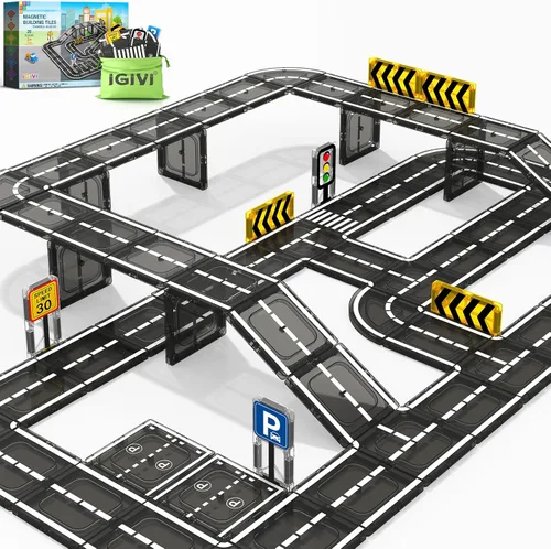 Vista 6 de Juego de 112 piezas de azulejos magnéticos para carretera con colores vibrantes y fuerza ultra magnética, bloques de construcción de carreteras