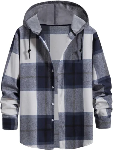 Vista 13 de Aymnlox Sudaderas con capucha para hombre, de manga larga, a cuadros, con botones, con capucha, casual, elegante, con cordón, 2024 #A01-Red