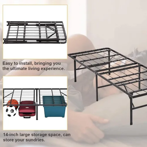 Vista 4 de Base de cama individual plegable de 14 pulgadas, base de cama individual con plataforma de metal resistente, listones de acero de tamaño individual