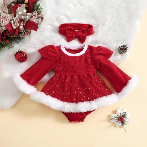 Vista 3 de YINGISFITM My First Christmas Baby Girl Outfit Newborn Furry Santa Cute Red Christmas Dress Romper Xmas Clothes