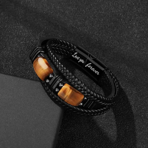 Vista 5 de Mens Leather Bracelets for Him Son Birthday Gift for Boyfriend Husband Brother Father's Day Gifts for Dad To My Men Bracelet with 2 Tiger Eyes for
