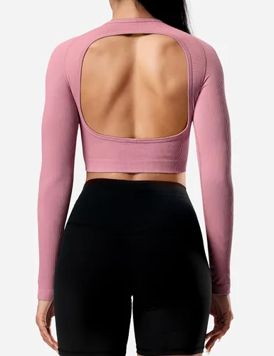 Vista 3 de YEOREO Janelle - Camiseta de manga larga acanalada con espalda abierta para mujer, camiseta deportiva para entrenamiento, yoga, gimnasio