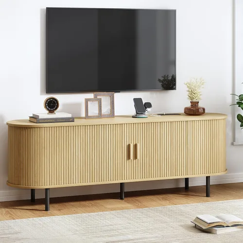 Vista 10 de Soporte de TV de 55 pulgadas con toma de corriente, consola multimedia moderna con puertas correderas, centro de entretenimiento para televisores