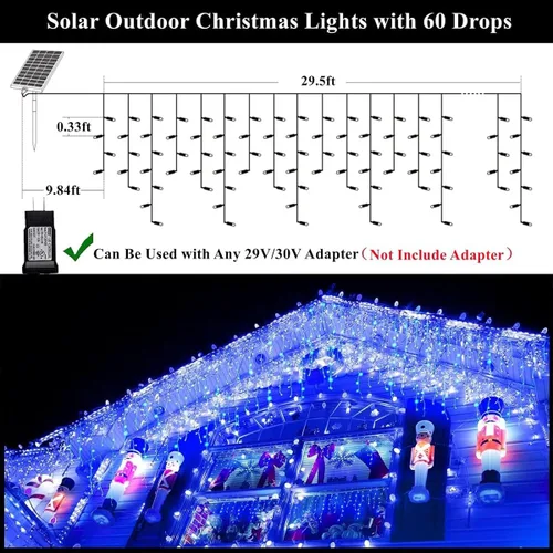 Vista 5 de Luces solares de Navidad de 320 LED, luces de cortina impermeables para decoraciones navideñas al aire libre, 29.5 pies, 60 gotas, 8 modos, luces