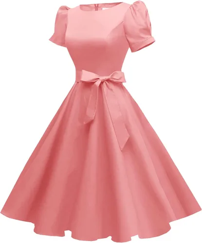Vista 3 de tagunop Vestido de cóctel vintage de los años 50 con cuello barco para mujer con mangas abullonadas