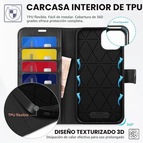 Vista 5 de TUCCH Funda tipo cartera para iPhone 15 Plus (6.7") 2023, 4 tarjeteros, color negro