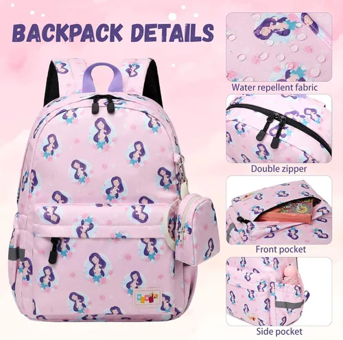 Vista 8 de MIRLEWAIY Mochila para niños pequeños con bolsa para monedas, Sirena rosa, Mochilas para mochila