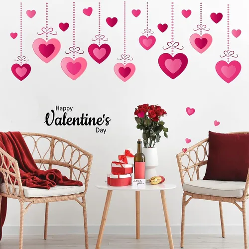 Vista 3 de Calcomanías de pared rosa para el día de San Valentín, calcomanías colgantes de corazón para despegar y pegar, decoración romántica de pared