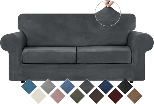 Vista 23 de WEERRW 4 Piezas Fundas de Terciopelo de Alta Elasticidad para Sofá de 3 Cojines Fundas de Sofá, Protector de Muebles Lavable con Parte Inferior