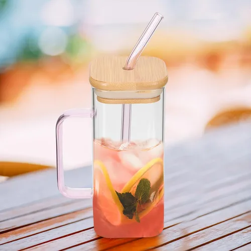 Vista 8 de Hemoton Beber con tapa de bambú y juego – Taza cuadrada de 13.5 oz (13.5 fl oz) con asa, vasos de café helado (rosa)