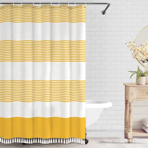 Vista 10 de bufftieo Cortina de ducha en blanco y negro para baño con diseño bohemia a rayas, cortina de ducha de tela moderna con borlas estilo granjero - 54