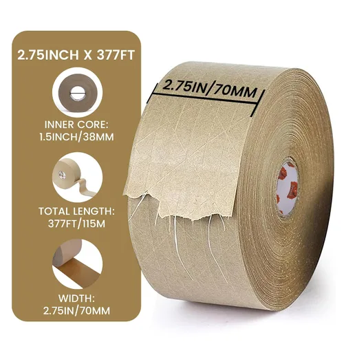 Vista 5 de TAPEBEAR Cinta activada por agua de 2.75 pulgadas x 377 pies, cinta engomada reforzada con fibra, cinta de papel kraft ecológica, cinta de embalaje