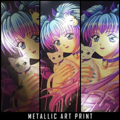 Vista 3 de krefta - Arte de gatito y niña, estampado de anime firmado, regalo de arte de manga Kawaii, 11.7 x 16.5 pulgadas