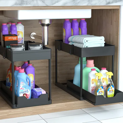 Vista 2 de Organizador para debajo del fregadero, paquete de 2, organizador de baño extraíble, organizador de baño y cocina deslizable de 2 niveles