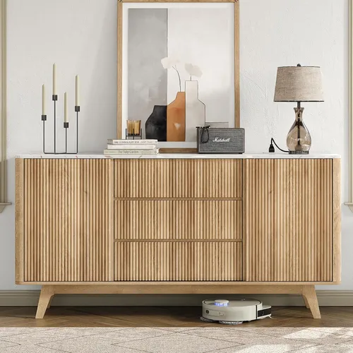 Vista 9 de Yanosaku Aparador Buffet Acanalado de 66" de Ancho, Gabinete de Almacenamiento con 3 Cajones y 2 Gabinetes, Mesa de Bar de Café de Mediados de Siglo