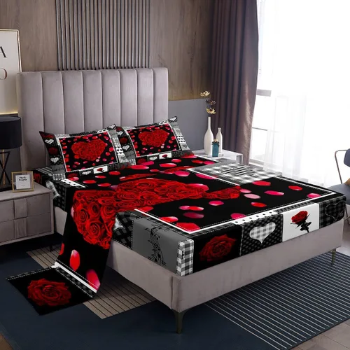 Vista 19 de Juego de sábanas femeninas de flores de rosas rojas, tamaño individual, juego de ropa de cama para el día de San Valentín, decoración de habitación