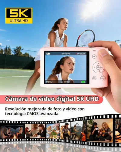 Vista 2 de Cámara digital 5K para fotografía 2 baterías 32GB tarjeta rosa