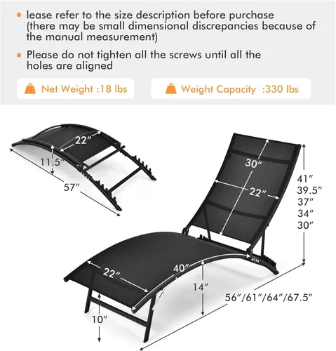 Vista 3 de COSTWAY 2 piezas de tumbona plegable para patio, reclinable, ajustable, apilable, color negro