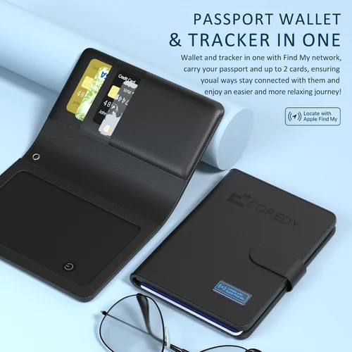 Vista 2 de Coredy Soporte para pasaporte con rastreador Bluetooth, funciona con Apple Find My (solo iOS), cubierta de pasaporte localizada, indicador de sonido