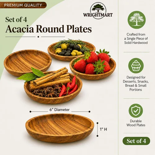 Vista 3 de Juego de 4 platos de madera de acacia, redondos de 6 pulgadas, postre de madera maciza de 1 pulgada de grosor, platos laterales y aperitivos