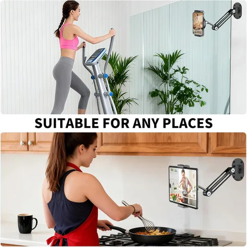 Vista 4 de soporte de pared para iPad, giratorio y basculante, soporte de pared para tableta de aluminio, base de rotación 360°, ajustable y plegable