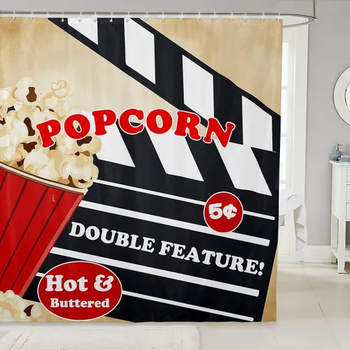 Vista 13 de Homewish Theater Cinema Poster Shower Curtain Set,Retro Movie Bathroom Curtain,Kids Girls Teens Popcorn Waterproof Fabrics Movie Night Bathroom