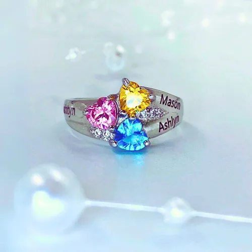 Vista 3 de La madre de los anillos con piedras de la fortuna, elija 3 piedras de la fortuna, 3 nombres y 1grabado personalizado