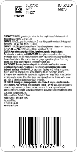 Vista 2 de Duracell 27 baterías alcalinas de 12 V, paquete de 1 unidad, batería alcalina de 27 12 voltios, larga duración para llaveros, alarmas de automóvil