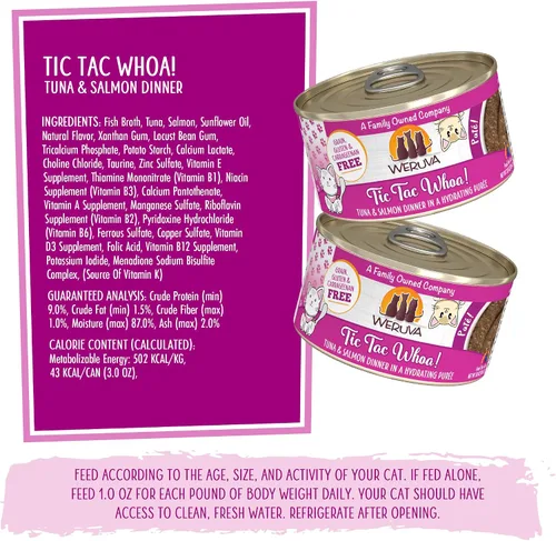Vista 5 de Weruva Comida húmeda para gatos, Tic Tac Whoa con paté de atún y salmón, lata de 3 onzas, paquete de 12