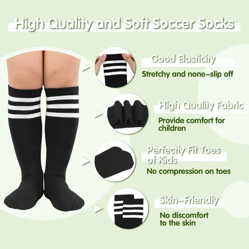 Vista 3 de Century Star 4 pares de calcetines de fútbol para niños, calcetines de fútbol de algodón a rayas, hasta la rodilla, calcetines suaves para niños