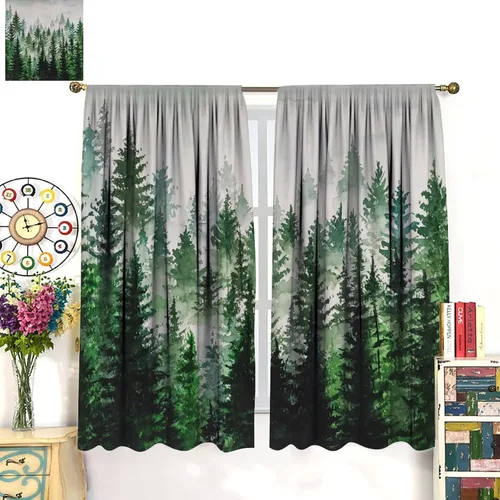 Vista 7 de BAEKJIN Cortinas verdes de bosque brumoso, acuarela, naturaleza, paisaje, plantas, árbol, bolsillo para barra, opacas, tratamiento de ventana