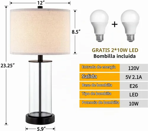 Vista 6 de Juego de 2 lámparas de mesa de cristal transparente de 23 pulgadas con puertos USB y salida de corriente alterna, bombillas de lámpara de mesa