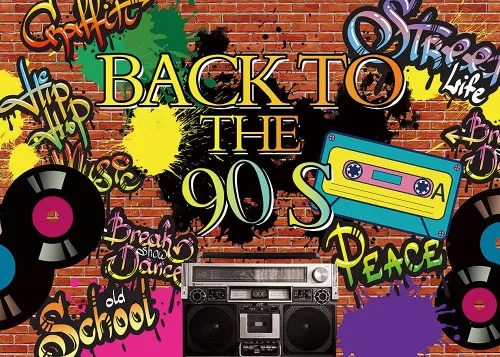 Vista 8 de Fondo de fotografía de fiesta temática de los años 90 Hip Hop 90th Graffiti pared de ladrillo Fondo de fotos de vinilo de 5x3 pies Retro Radio Prom