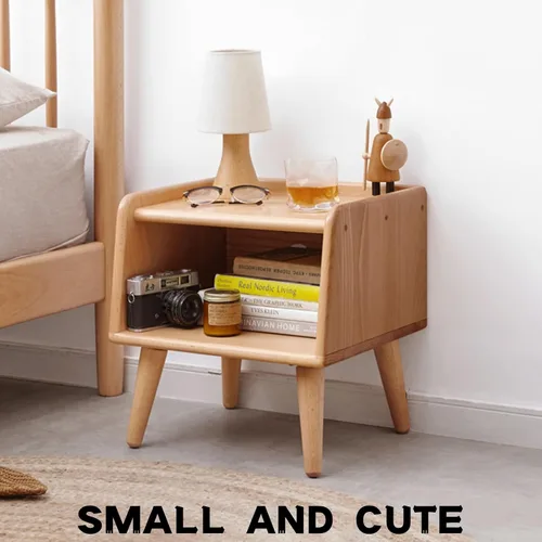 Vista 4 de Mesita de noche pequeña, mesa de noche 100% madera de roble macizo, mesita de noche moderna de mediados de siglo con almacenamiento abierto, armario