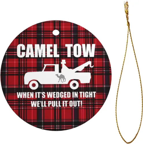 Vista 2 de Camel Towing When It's Wedged in Tight We'll Pull It Out Árbol de Navidad colgante cerámica redondo adornos de Navidad decoración del hogar