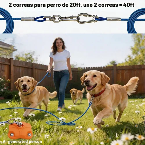 Vista 2 de Estaca de perro resistente para exterior, patio y camping con cables de 2x20 pies para perros, capacidad de 200 libras, doble giro de 360°, anclaje