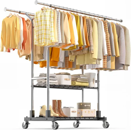 Vista 9 de Luxspire Perchero resistente con carga de 650 libras, percheros de ropa de doble barra para colgar ropa, estantes de ropa rodantes con ruedas