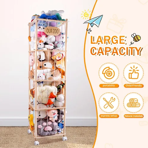 Vista 3 de Torre zoológica de almacenamiento de animales de peluche, organizador de animales de peluche de 70 pulgadas de alto con ruedas, almacenamiento