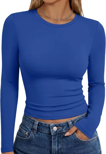 Vista 31 de Trendy Queen Camisetas de manga larga para mujer, camisetas básicas de Verde militar