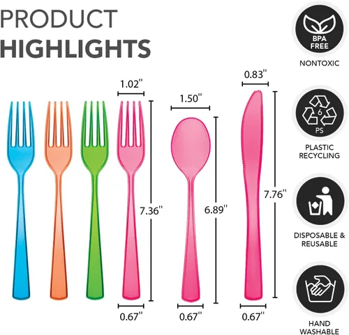 Vista 2 de Party Essentials Paquete combinado de cubiertos de plástico duro de alta resistencia, 96 piezas/32 lugares, varios brillantes neón