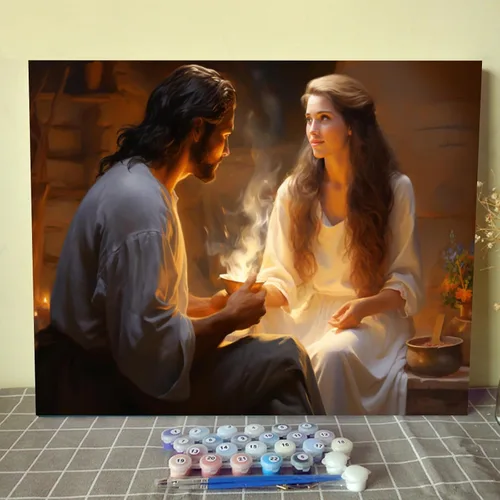 Vista 9 de Everyone Gathered Around Jesus - Pintura por números para adultos, principiantes, niños, kit de pintura al óleo sobre lienzo con pinceles, pigmento